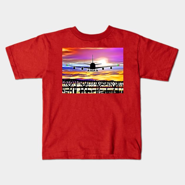 Airplane Landing at London Heathrow Kids T-Shirt by danieljanda